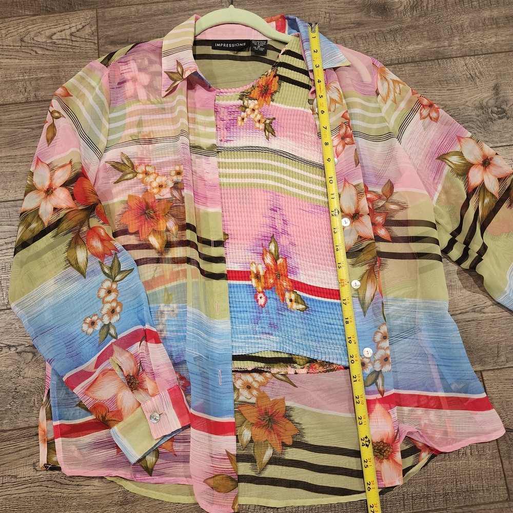 Vintage Impressions Womens 2 Piece Sheer Floral Blouse W/Tank Size M Long Sleeve - Picture 5 of 11